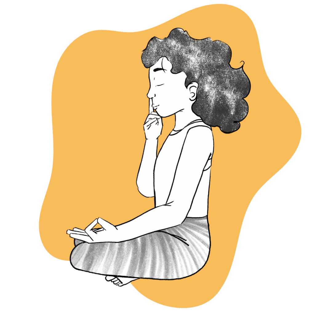Illustration of Susan sitting in easy pose doing the Sound Current Pranayama Featured Image