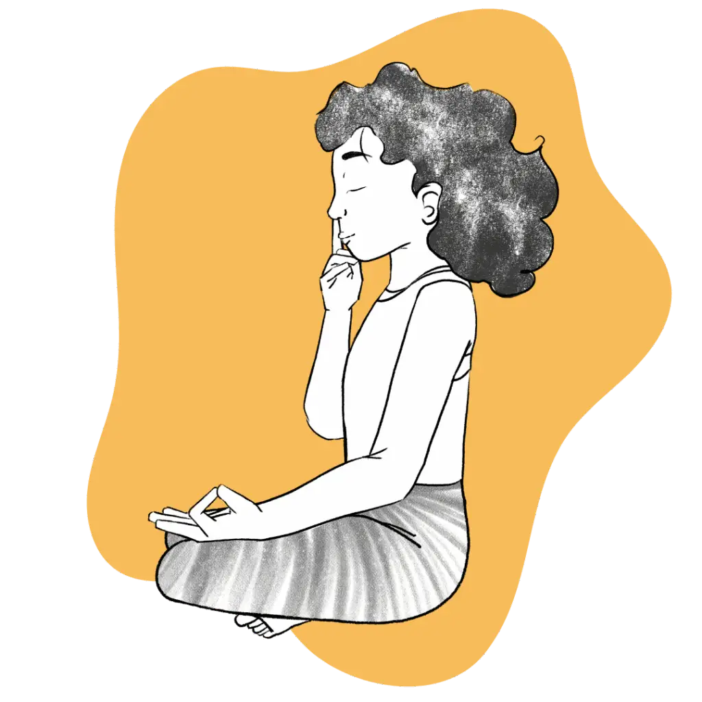 Illustration of Susan sitting in easy pose doing the Sound Current Pranayama Featured Image