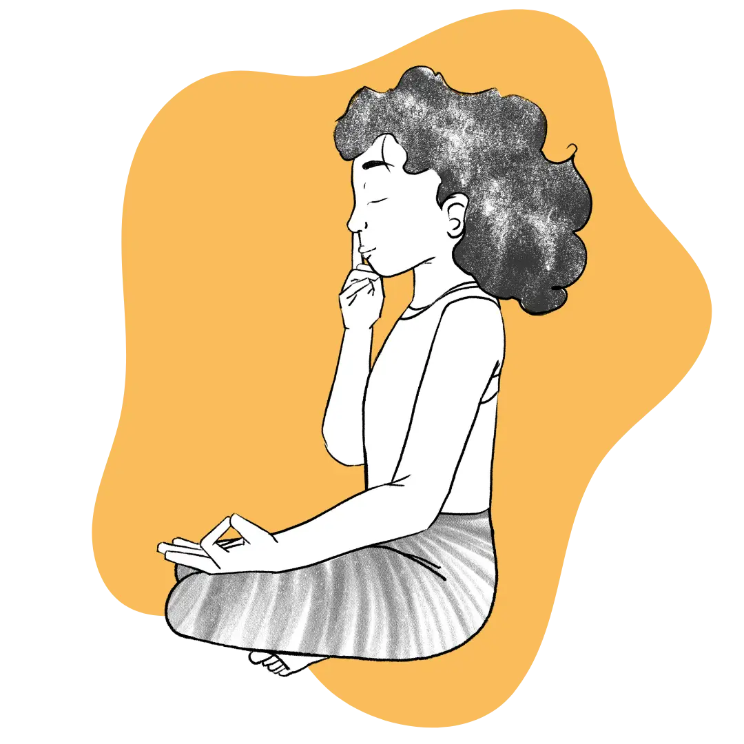 Illustration of Susan sitting in easy pose doing the Sound Current Pranayama Featured Image