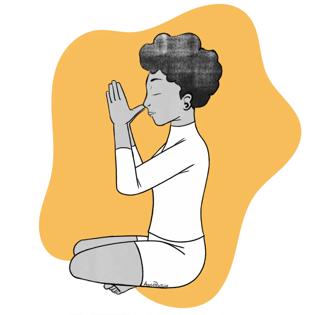 Illustration of Elaine sitting in easy pose doing the Breathing Through Both Nostrils Featured Image