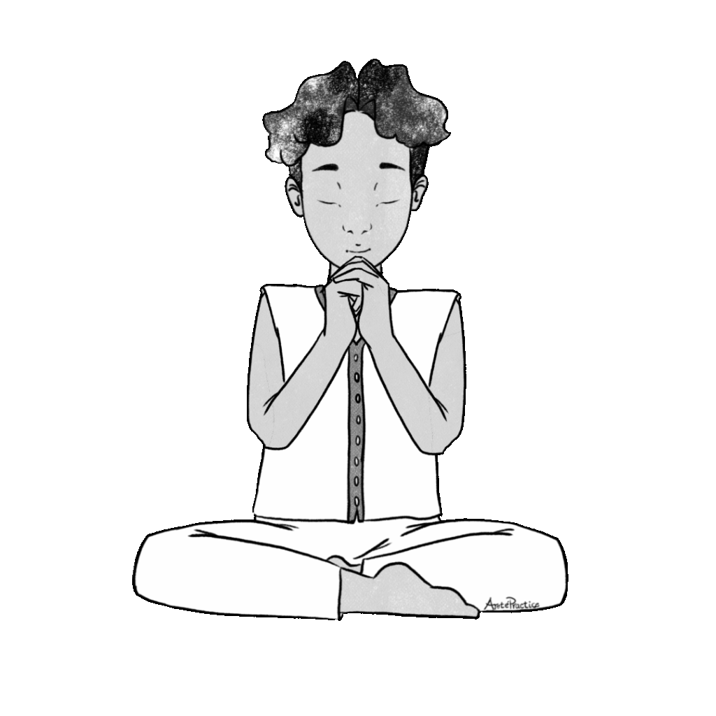 Ilustración de David sentado en postura fácil con los talones o bases de las manos juntos, curva tu mano izquierda en un puño y cubre los dedos izquierdos con los dedos derechos, colocando los pulgares uno al lado del otro sobre tu dedo índice izquierdo.