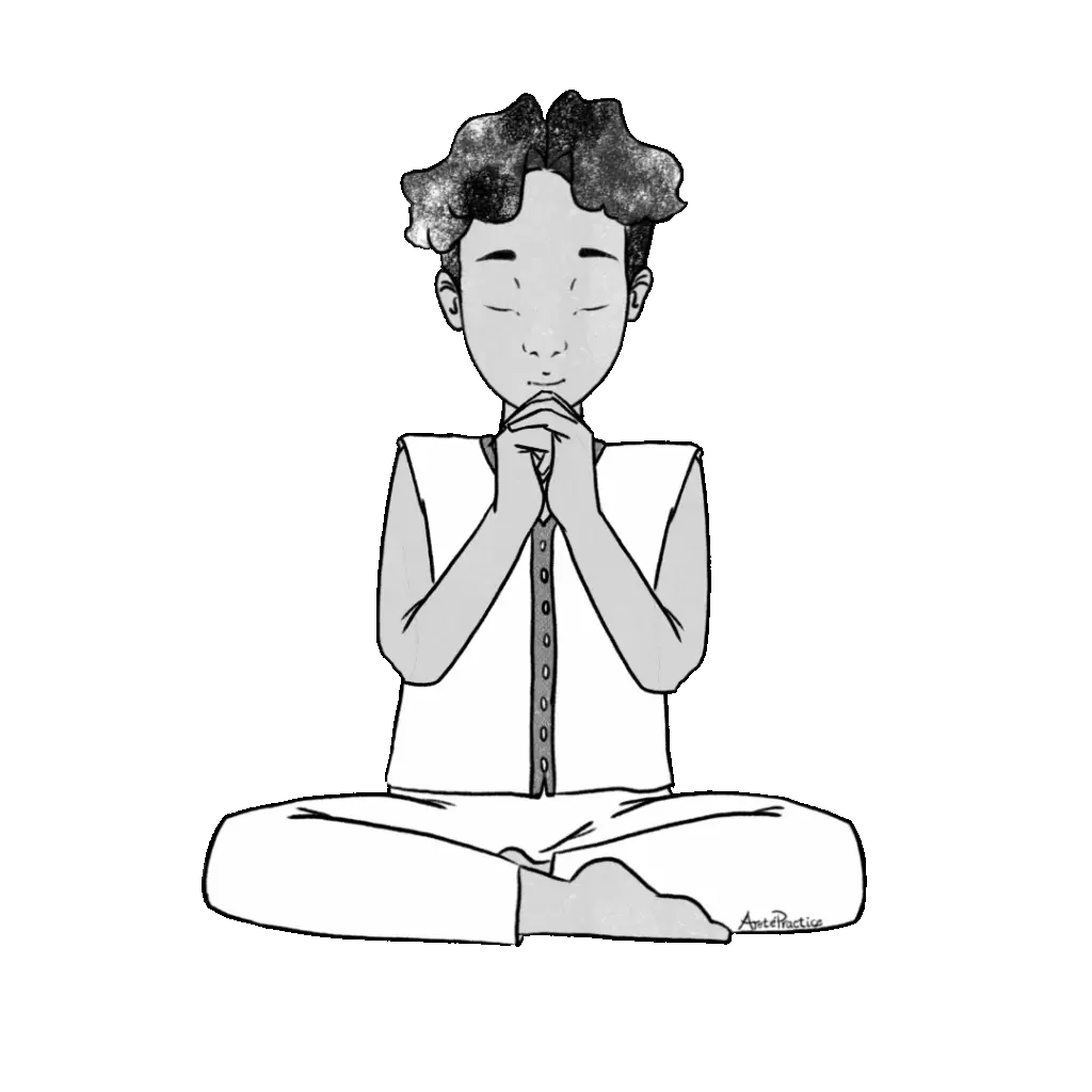 Illustration of David sitting in easy pose with the heels or bases of your hands together, curl your left hand into a fist, and cover the left fingers with the right fingers, placing your thumbs side by side on your left index finger.