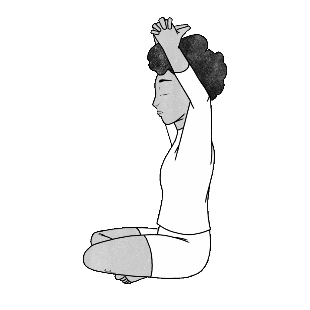 Ilustração de Elaine sentada em pose fácil, mãos acima da cabeça e mãos entrelaçadas