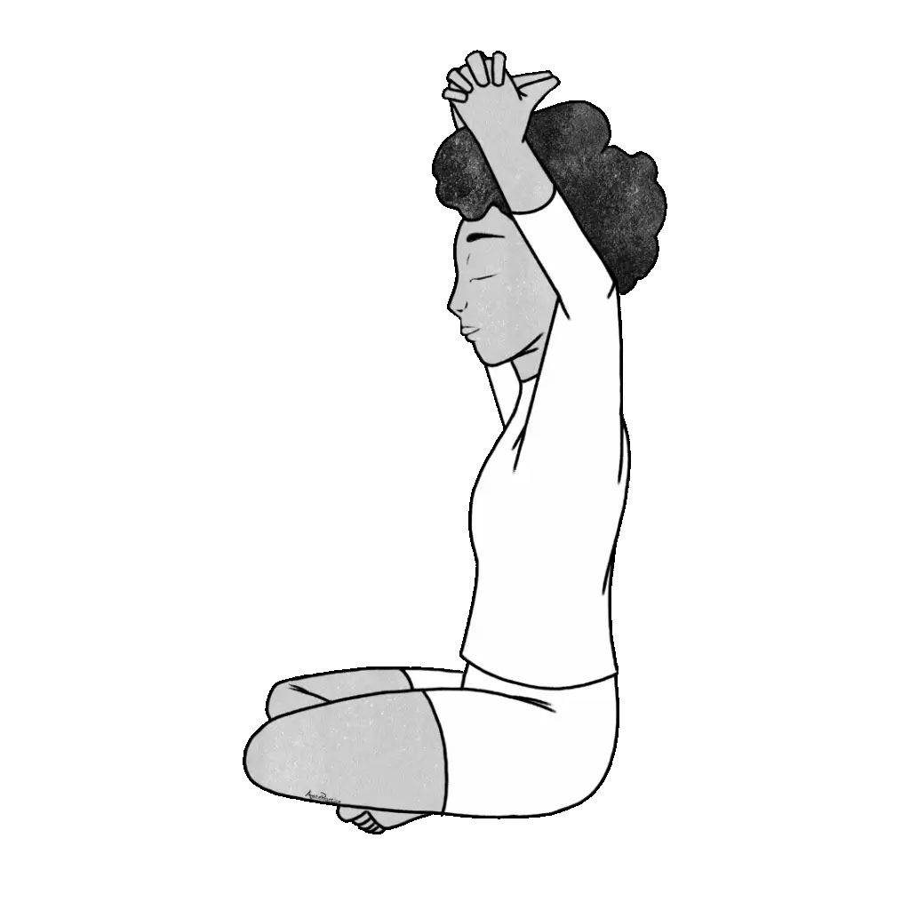 Illustration of Elaine sitting in easy pose hands above head and hands interlaced