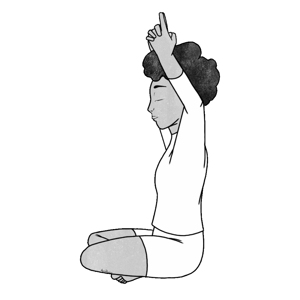 Ilustração de Elaine sentada em pose fácil com as mãos acima da cabeça e as mãos entrelaçadas, índice para cima