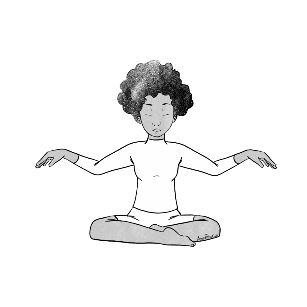 Illustration of Elaine sitting in easy pose with hands extended to sides, elbows and hands relaxed