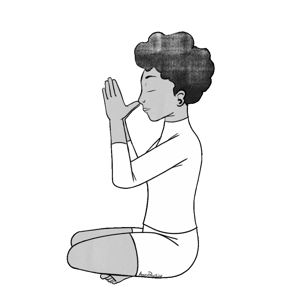 Ilustración de Elaine sentada en pose fácil con las manos en postura de oración y los pulgares tocándose la nariz.