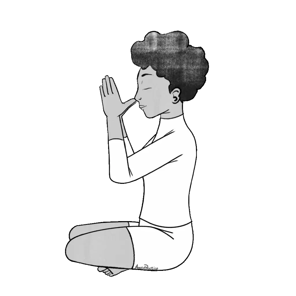 Illustration of Elaine sitting in easy pose with hands in prayer pose and thumbs touching nose