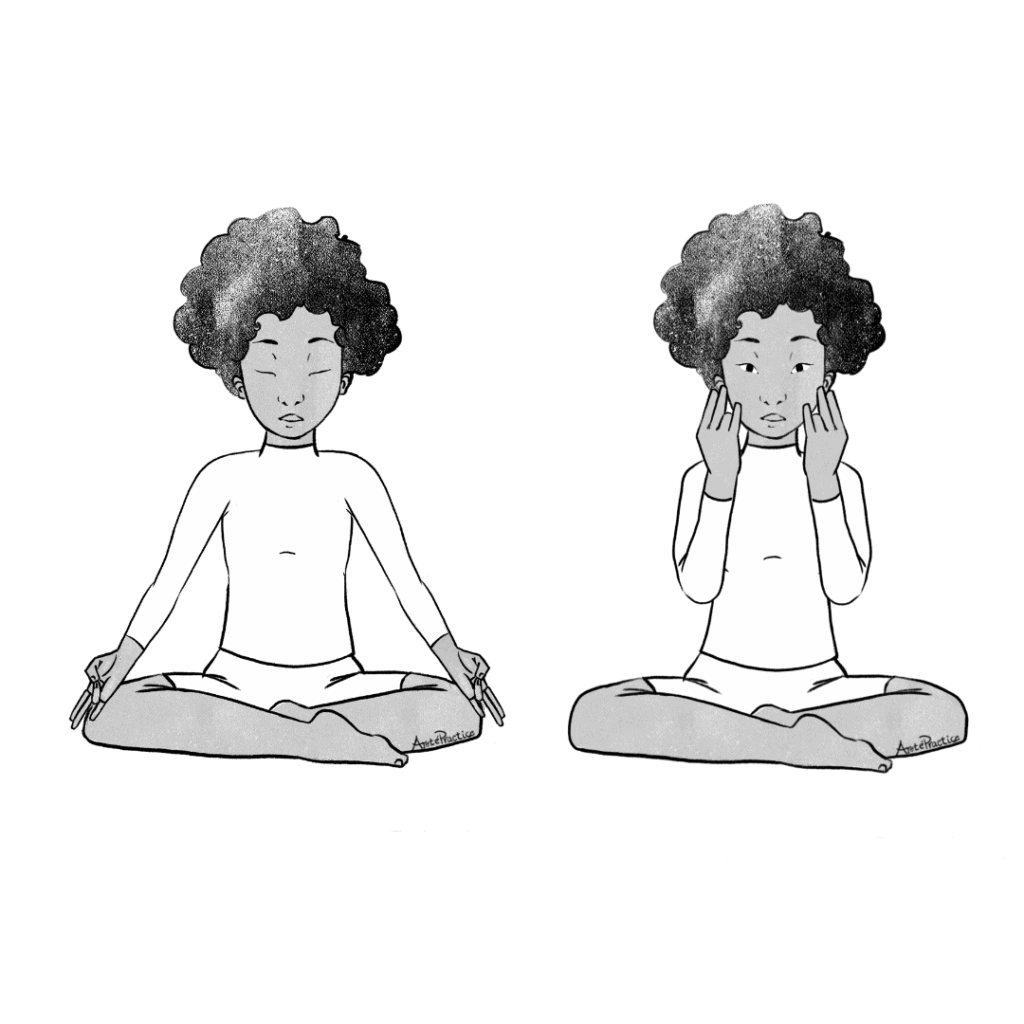 Ilustración de Elaine sentada en postura fácil en surya mudra, con el rostro abierto y los ojos abiertos. Y con shuni mudra sobre las rodillas. 