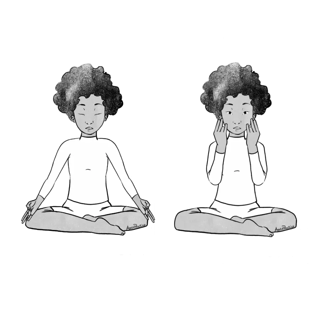 Illustration of Elaine sitting in easy pose in surya mudra by face, eyes opened. And with shuni mudra on knees