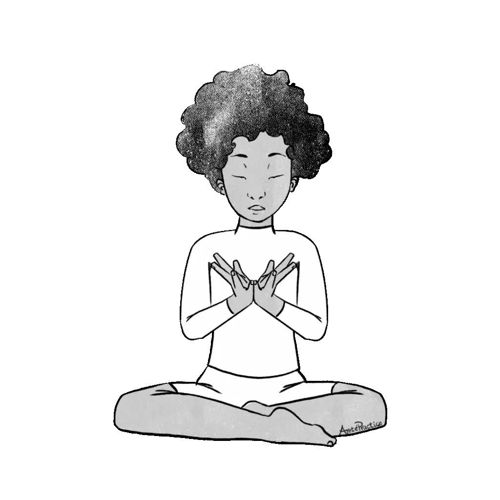 Illustration of Elaine sitting in easy pose in Lotus mudra at heart center