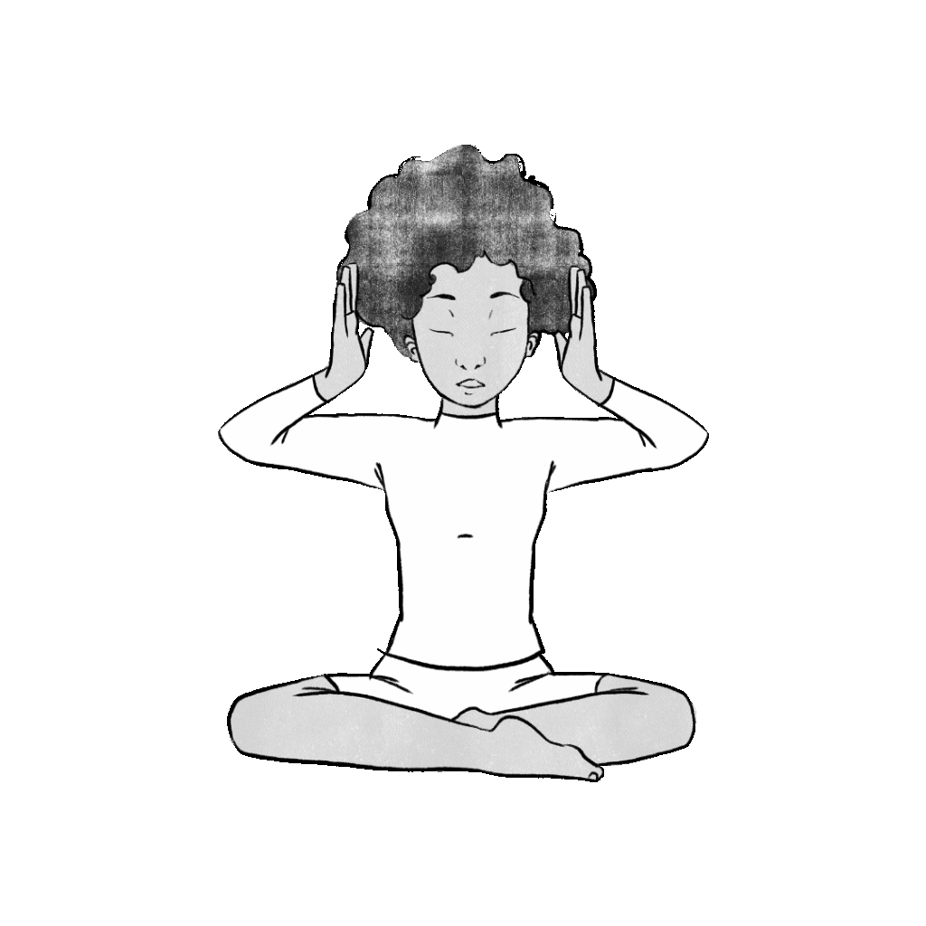 Illustration of Elaine sitting in easy pose with hands by face - Ashtang Agni Kriya(b)