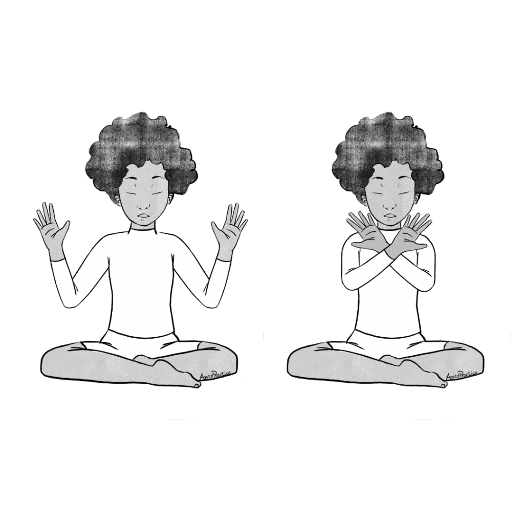 Ilustración de Elaine sentada en postura fácil haciendo ejercicio de manos cruzadas. Manos a los lados mirando hacia adelante y manos mirando hacia adelante cruzándose entre sí. 