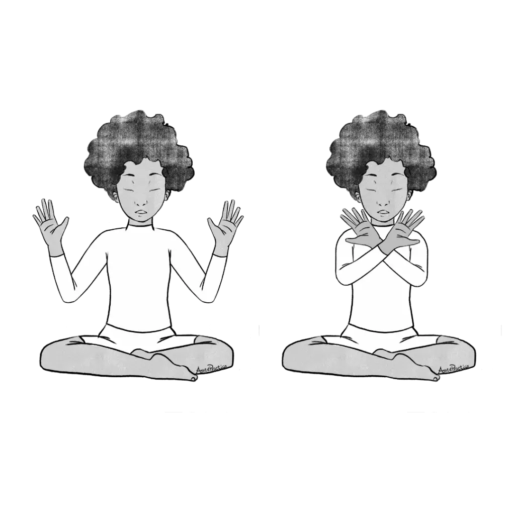 Illustration of Elaine sitting in easy pose doing criss cross hands exercise. hands to the side facing forward and hands facing forward crossing each other