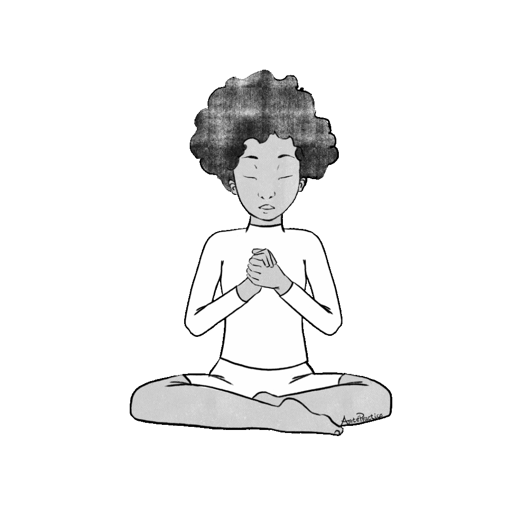 Illustration of Elaine sitting in easy pose with hands clasped at heart with elbows down by side