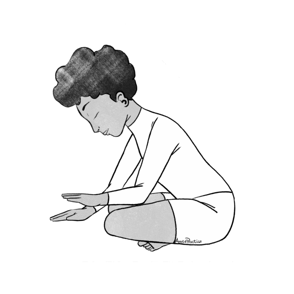 Illustration of Elaine sitting in easy pose with hitting hands in the floor in front of her