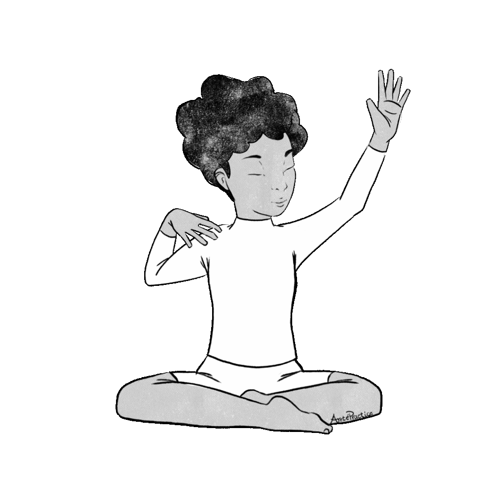 Ilustración de Elaine sentada en pose fácil bailando con las manos sobre la cabeza.