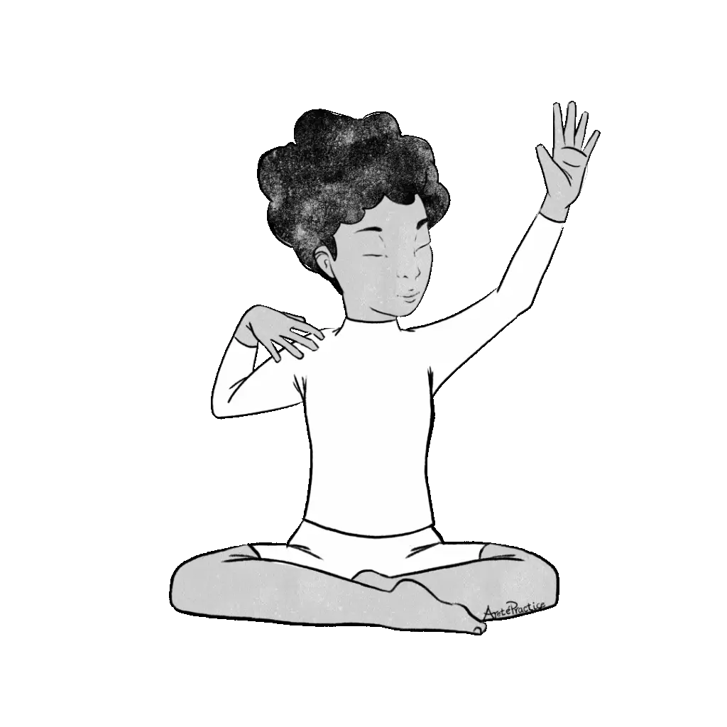 Illustration of Elaine sitting in easy pose doing dancing with hands above head