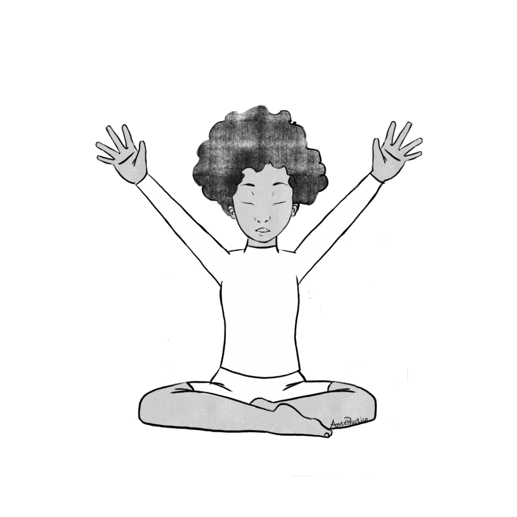 Ilustração de Elaine sentada em pose fácil com as mãos para cima e os dedos bem abertos