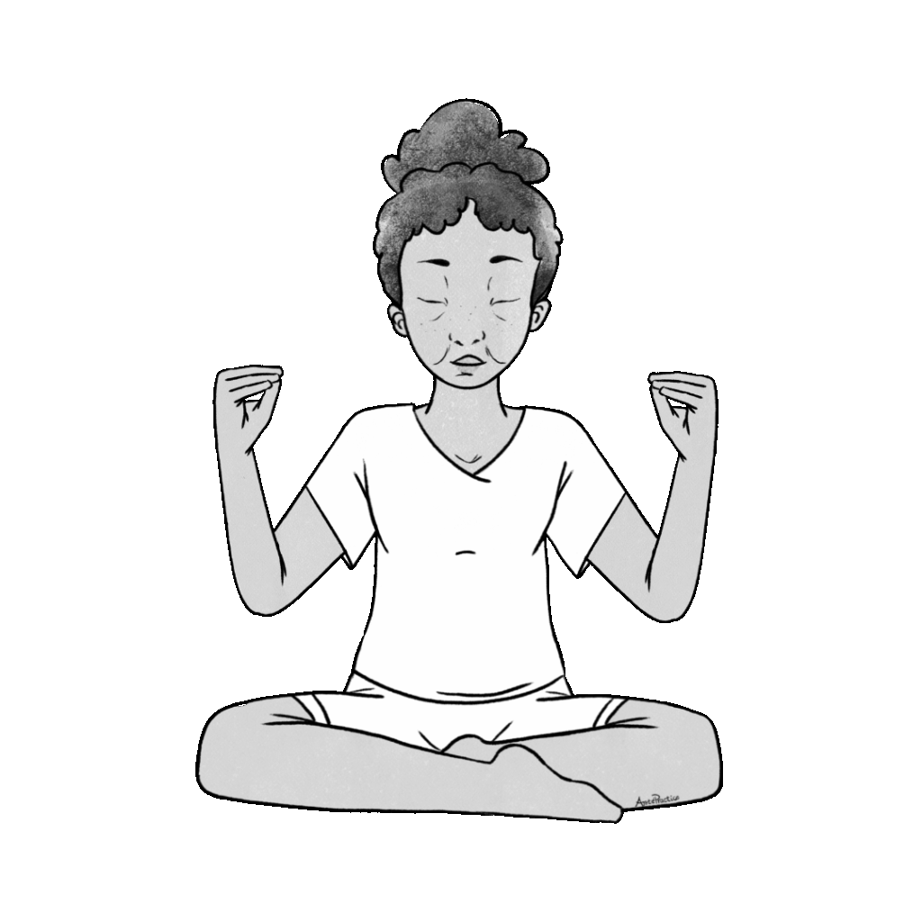 Illustration of Estelle sitting in easy pose with hands by elbows and fingertips touching