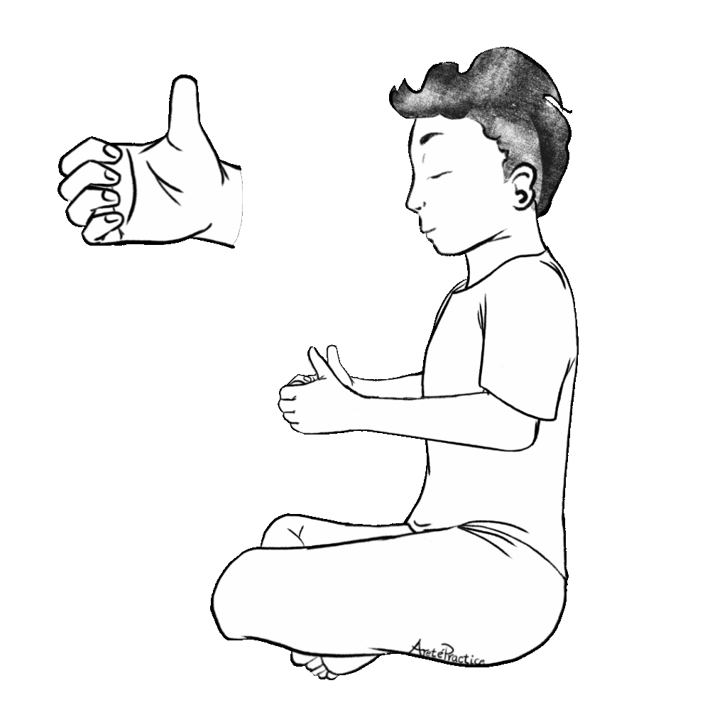 Illustration of George sitting in easy pose with hands in front with thumbs sticking up