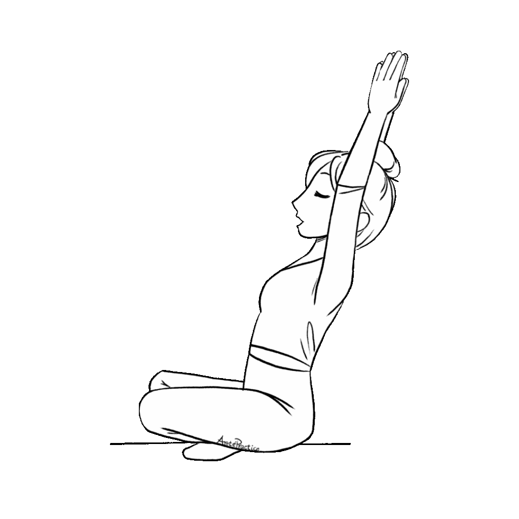 Illustration of Helen sitting in easy pose with hands in Pranam Mudra above head, leaning back and mouth open