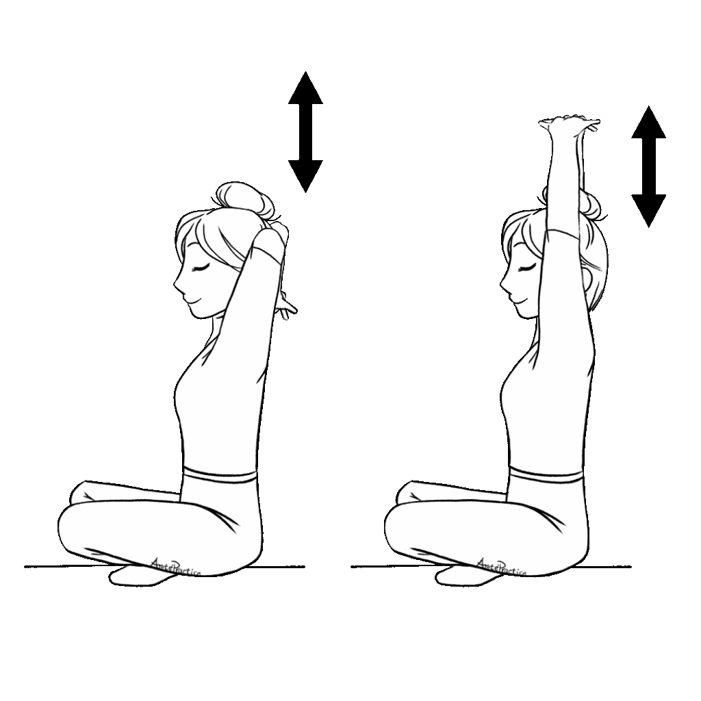 Illustration of Helen sitting in easy pose with Hands interlaced facing up - behind neck. Doing overhead arm stretch