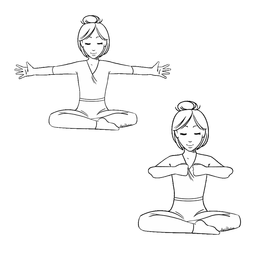 Illustration of Helen sitting in easy pose with Hands open - arms out and parallel to ground. And hand in fist at heart center.