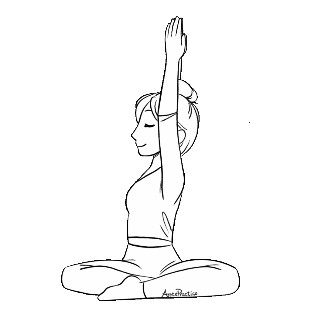 Illustration of Helen sitting in easy pose with Pranam Mudra above head - twisting