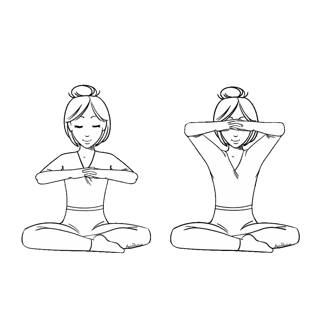 Ilustração de Helen sentada em postura relaxada com as mãos entrelaçadas no centro do peito e na altura da cabeça. Fazendo o exercício de bombeamento dos braços no triângulo superior.