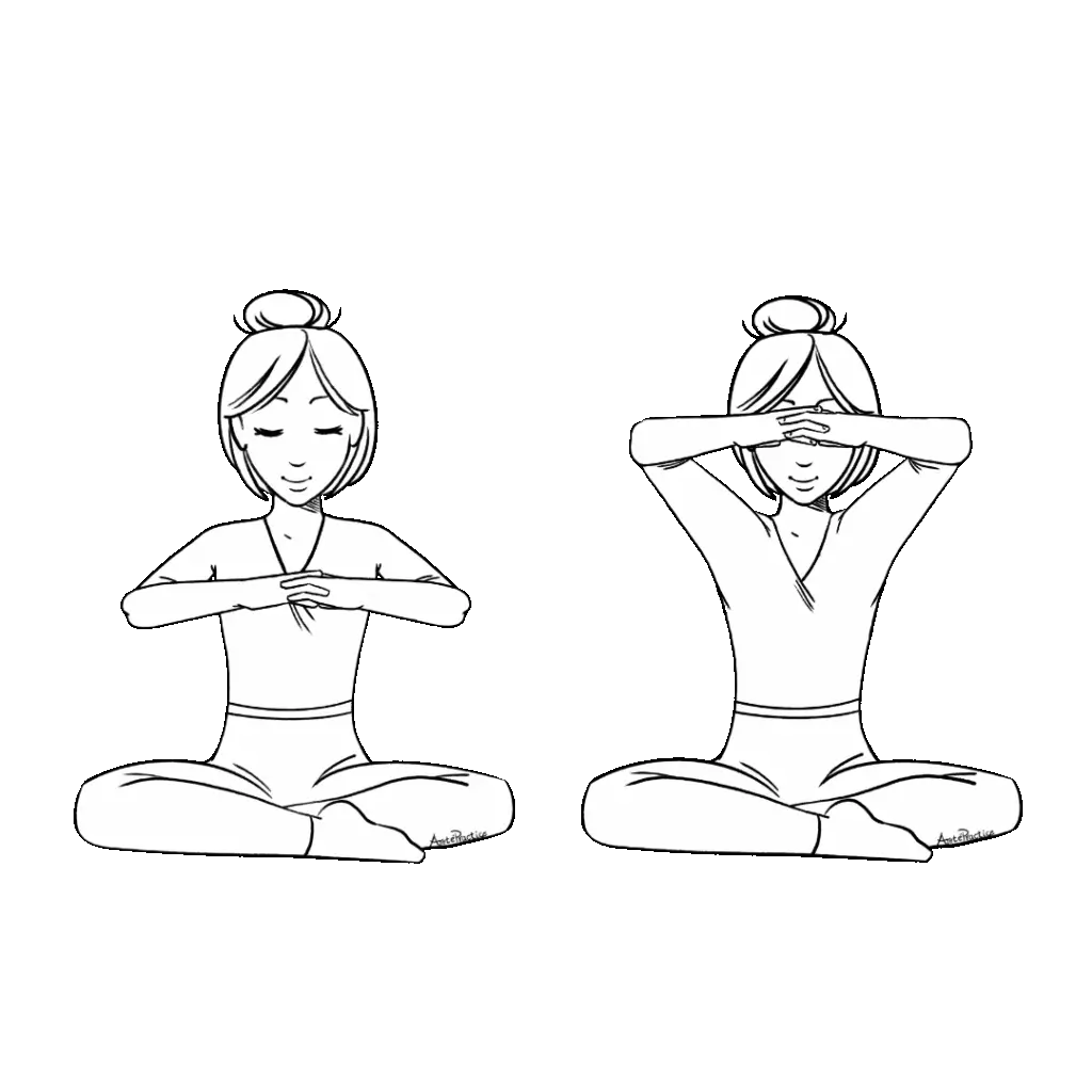 Illustration of Helen sitting in easy pose with hands interlaced at heart center and hands interlaced at head level. Doing the Upper Triangle Arm Pumps