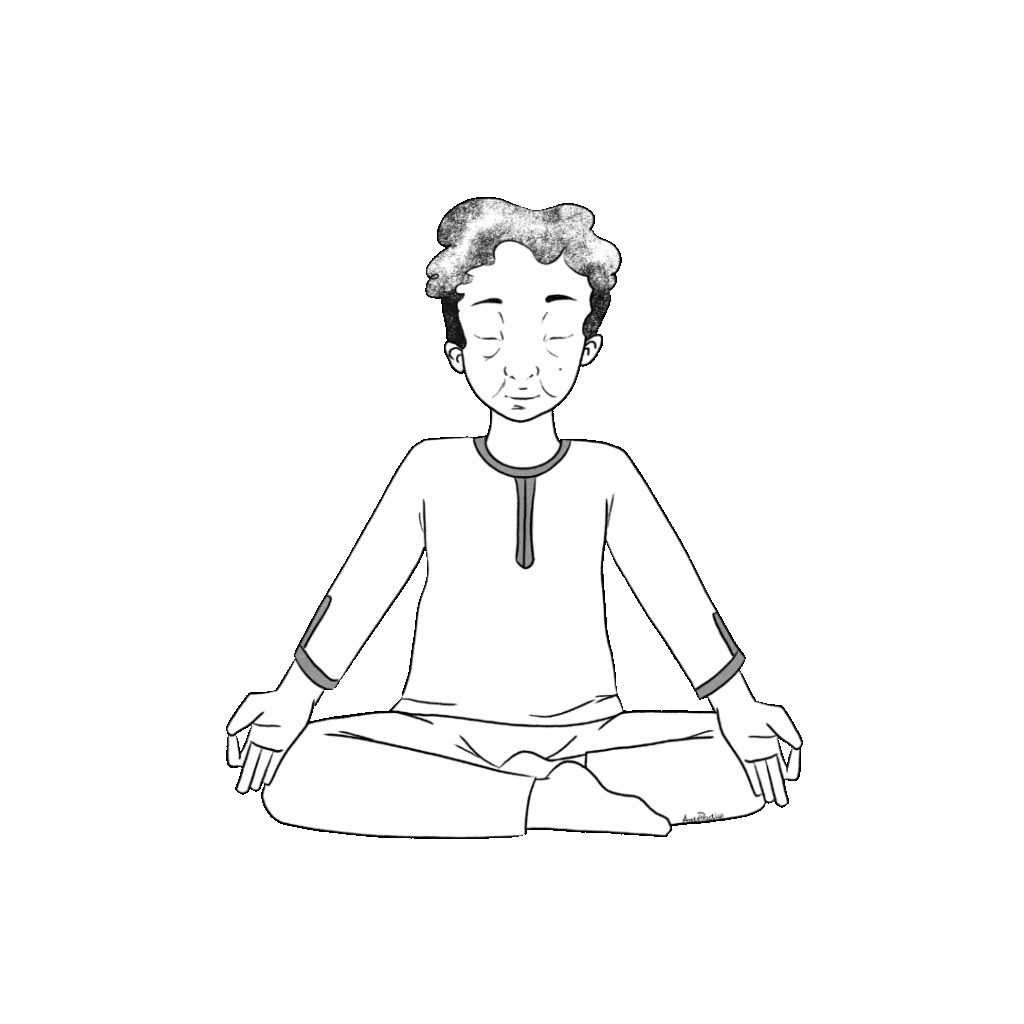 Illustration of Kramer sitting in easy pose in Gyan Mudra