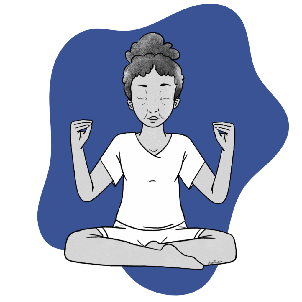 Illustration of Estelle sitting in easy pose doing the Meditation for Keeping Up with the Times Featured Image