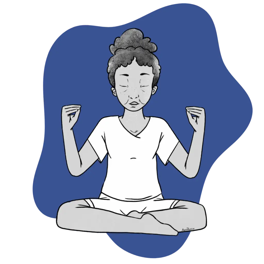 Illustration of Estelle sitting in easy pose doing the Meditation for Keeping Up with the Times Featured Image