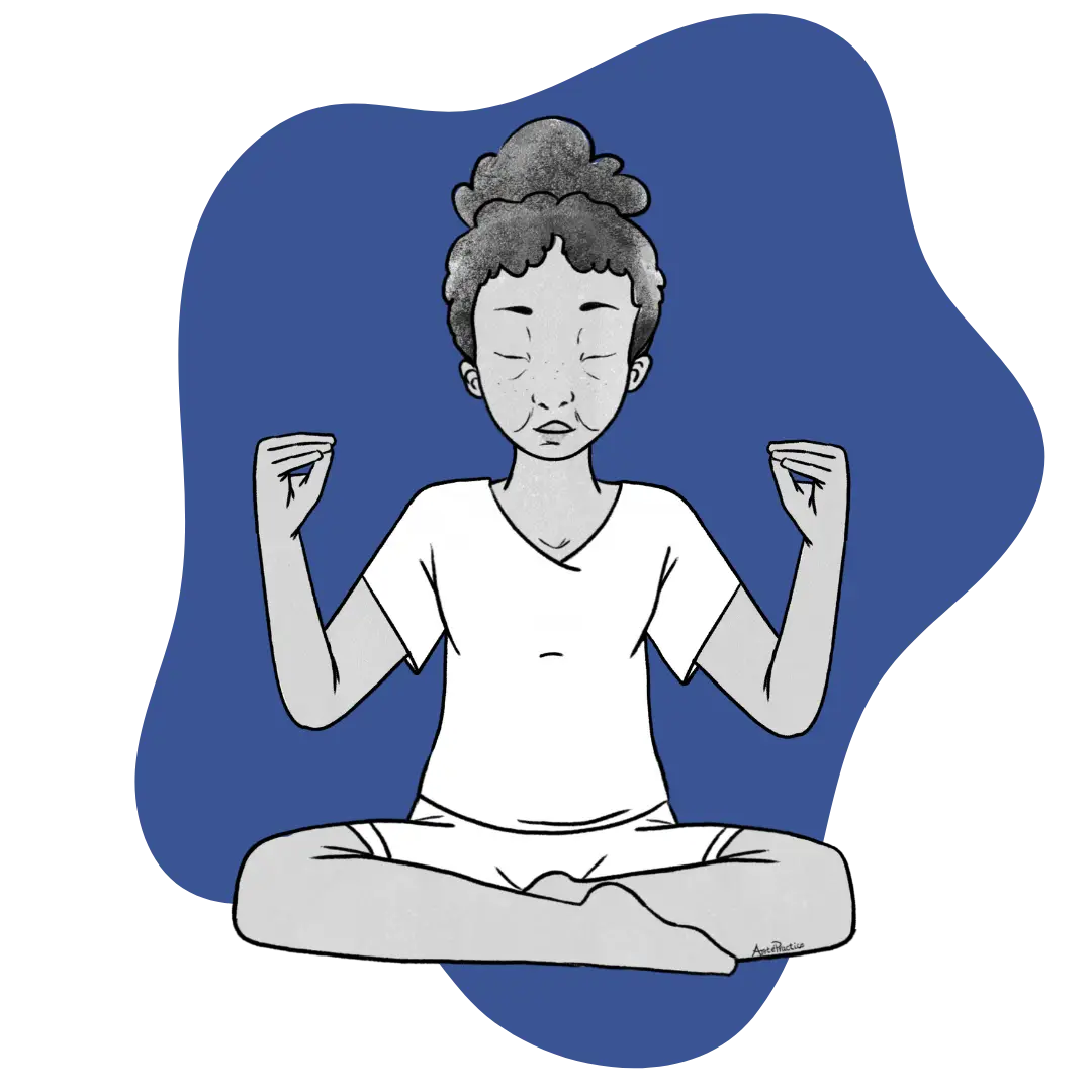 Illustration of Estelle sitting in easy pose doing the Meditation for Keeping Up with the Times Featured Image