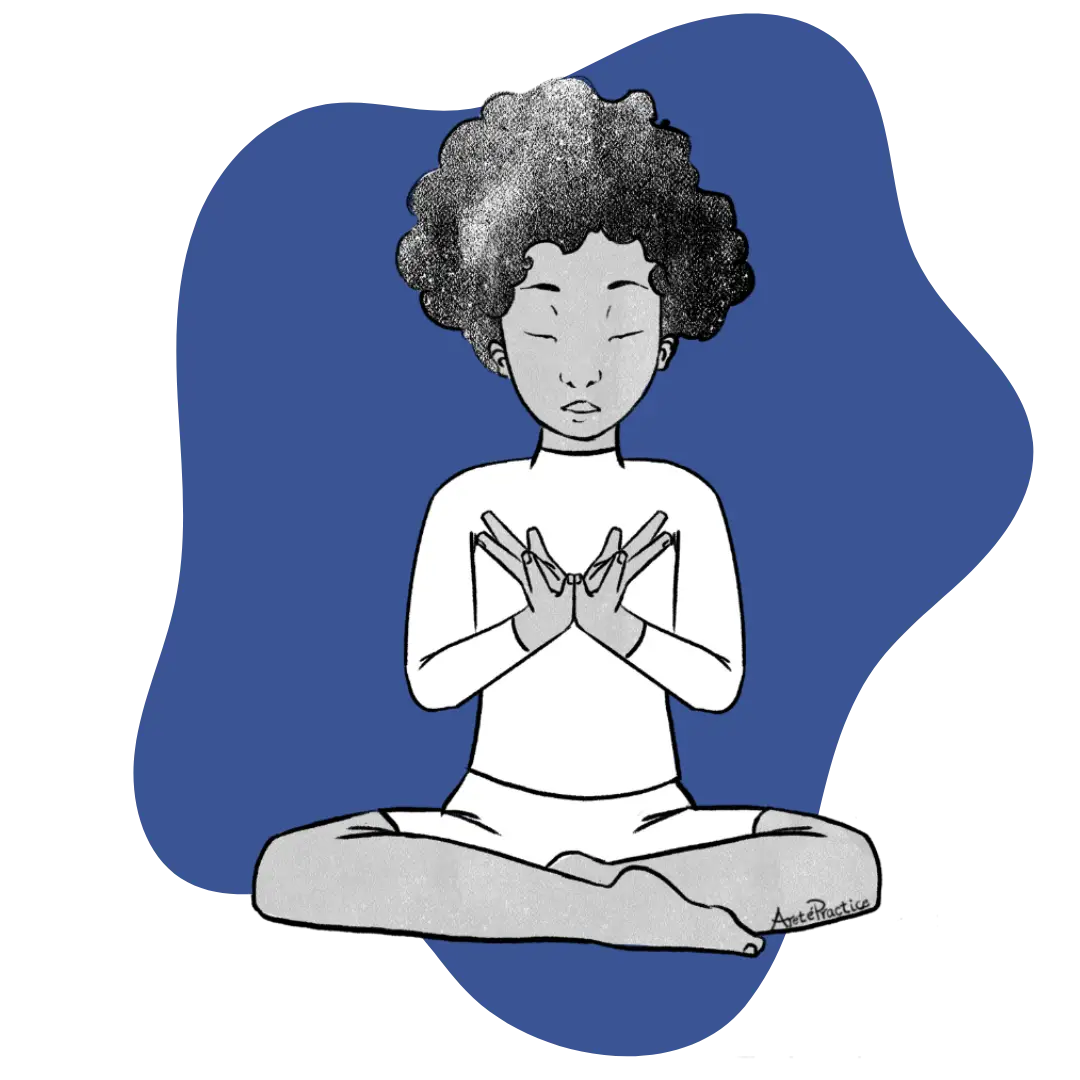 Illustration of Elaine sitting in easy pose doing the Open Lotus Heart Meditation Featured Image