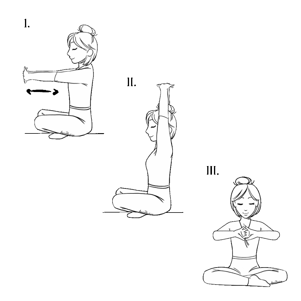 Ilustração de Helen sentada em posição de descanso, com as mãos entrelaçadas voltadas para fora e estendidas para a frente. Fazendo exercícios de flexão e extensão dos braços.