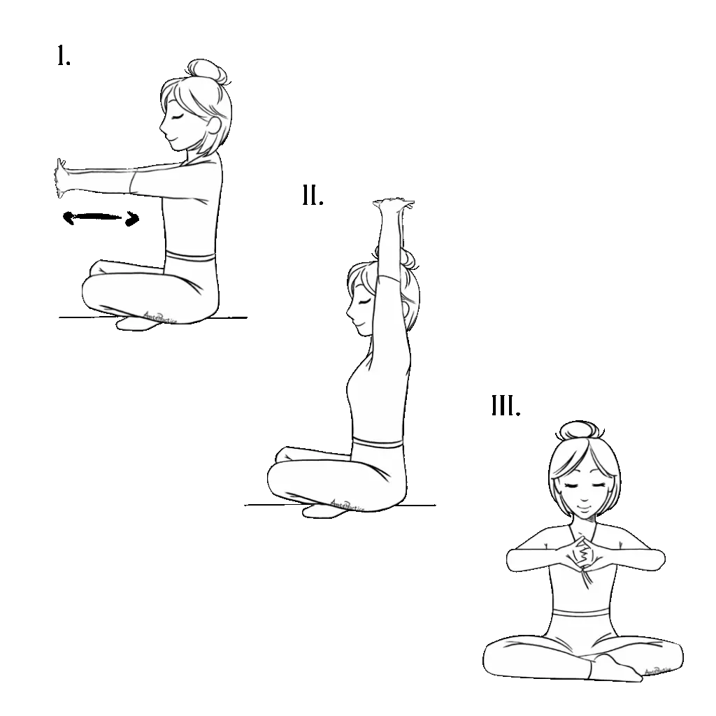 Illustration of Helen sitting in easy pose with Hands interlaced facing outward - hands extended forward. Doing arm pumps