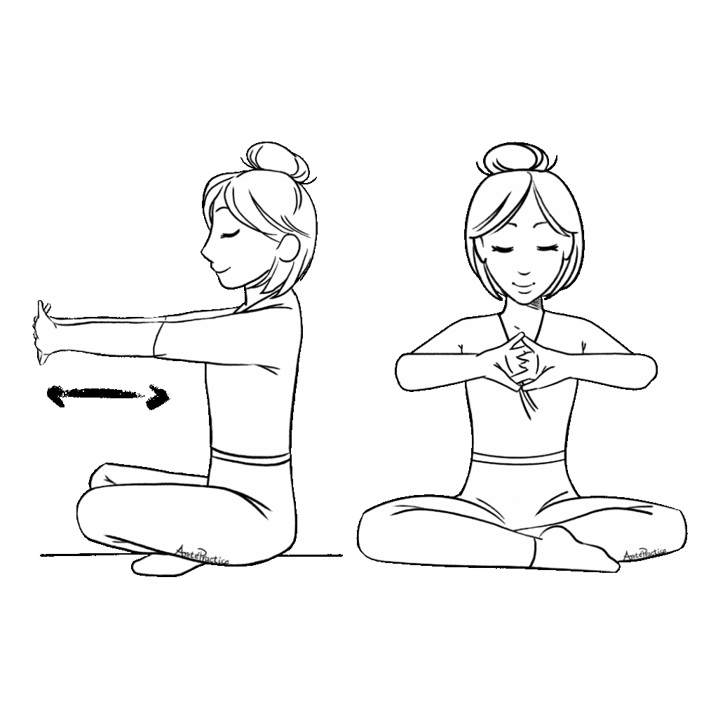 Ilustração de Helen sentada em posição relaxada com as mãos entrelaçadas voltadas para fora - mãos estendidas para a frente e em direção ao peito.