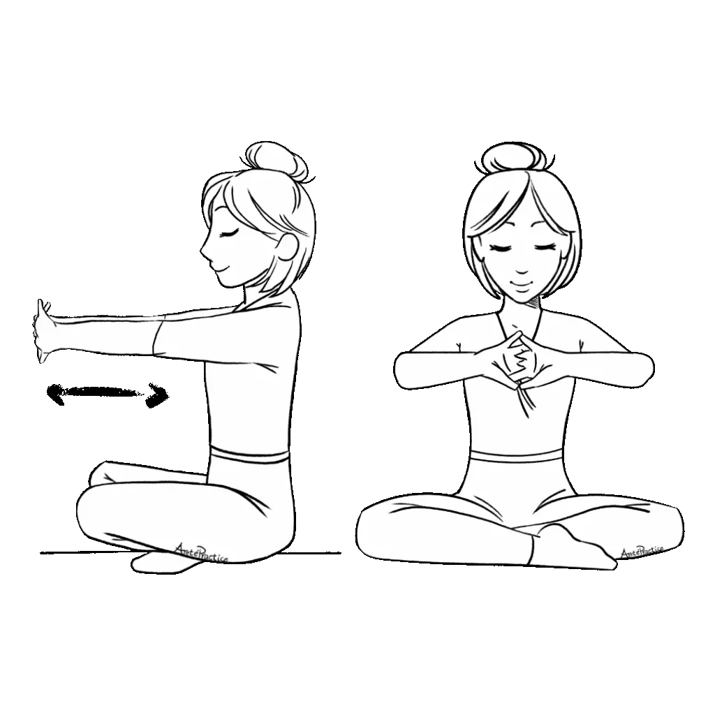 Illustration of Helen sitting in easy pose with hands interlaced facing outward - hands extended forward and hands towards chest.