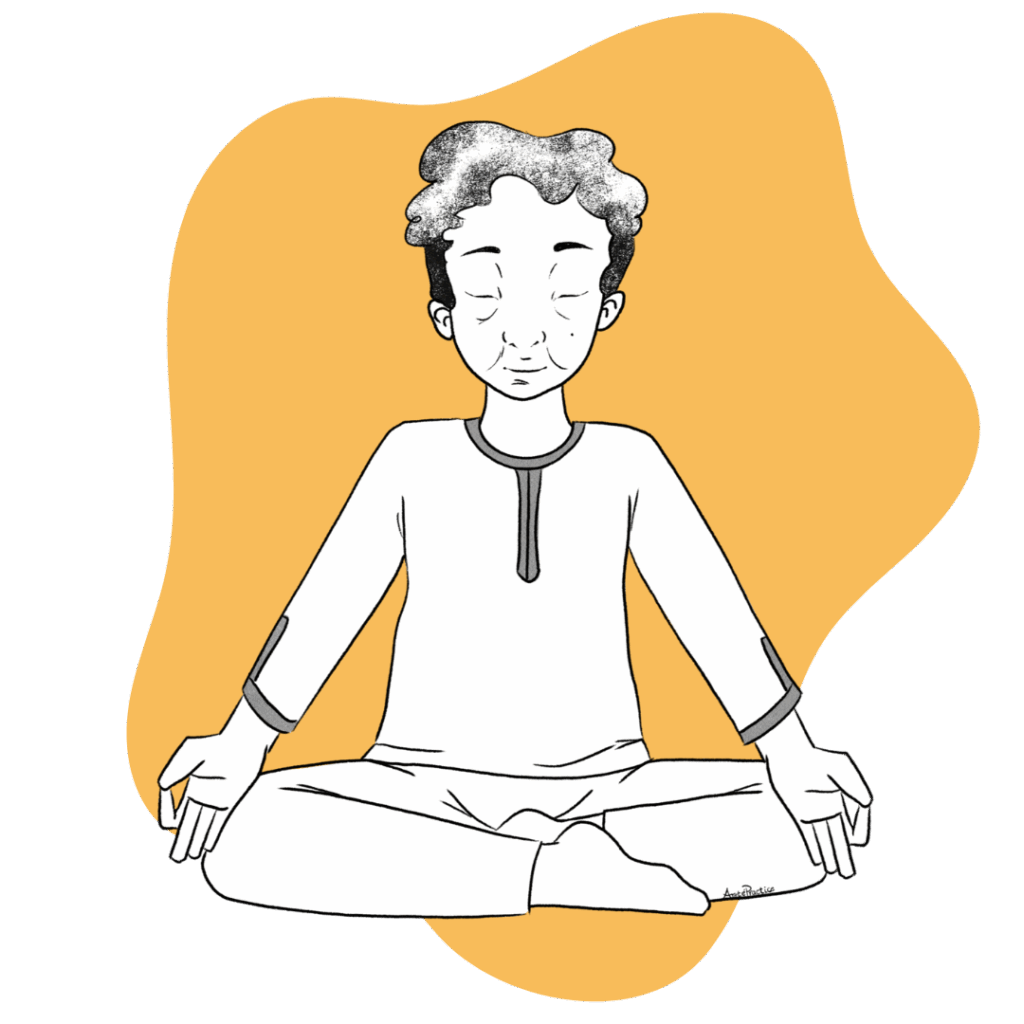 Illustration of Kramer sitting in easy pose doing the To Find Everything Within Featured Image