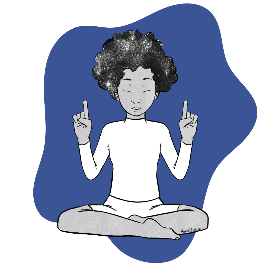 Ilustración de Elaine sentada en pose fácil haciendo el Invocatorio de Maha Shakti