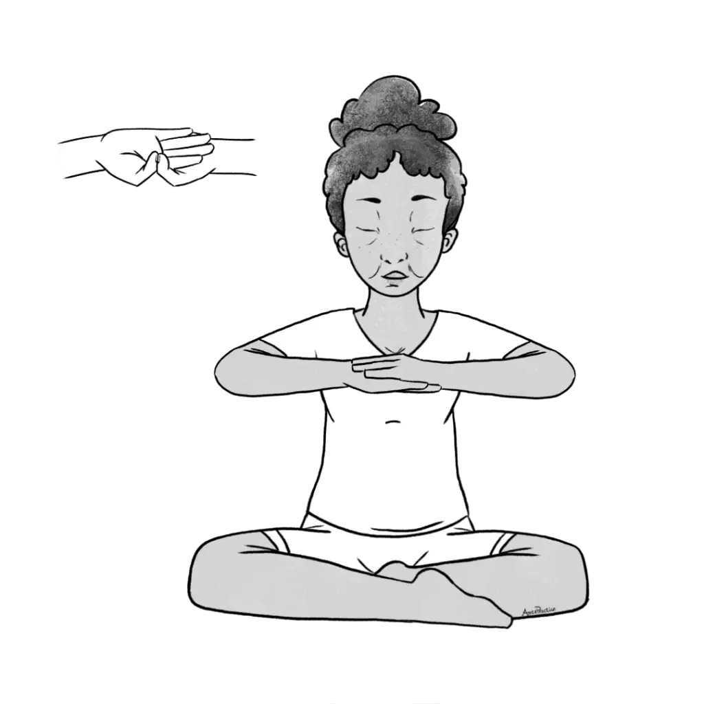 Illustration d'Estelle assise dans une pose décontractée, les mains jointes au centre du cœur.