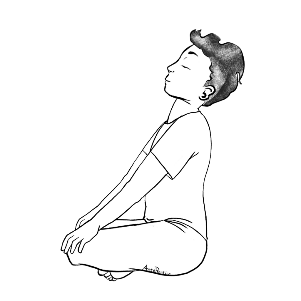 Ilustração de George sentado em posição relaxada, de perfil, com as mãos nos joelhos e a cabeça inclinada para cima.