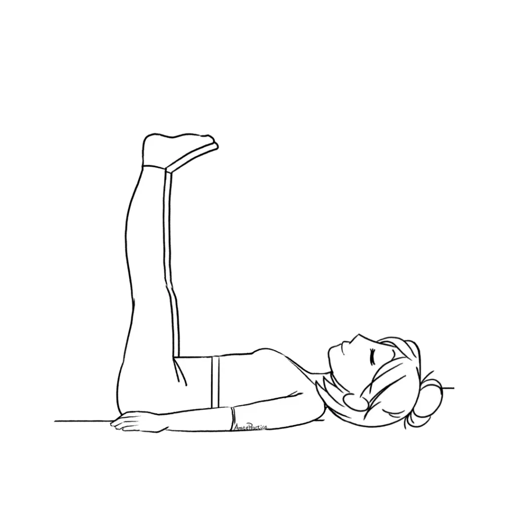 Illustration of Helen laying down, legs 90 degrees, arms by side, mouth closed