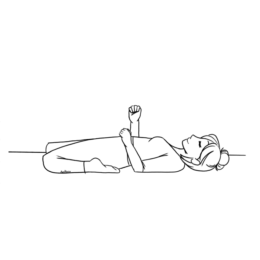 Illustration of Helen laying down in fish pose with hands breathing torso