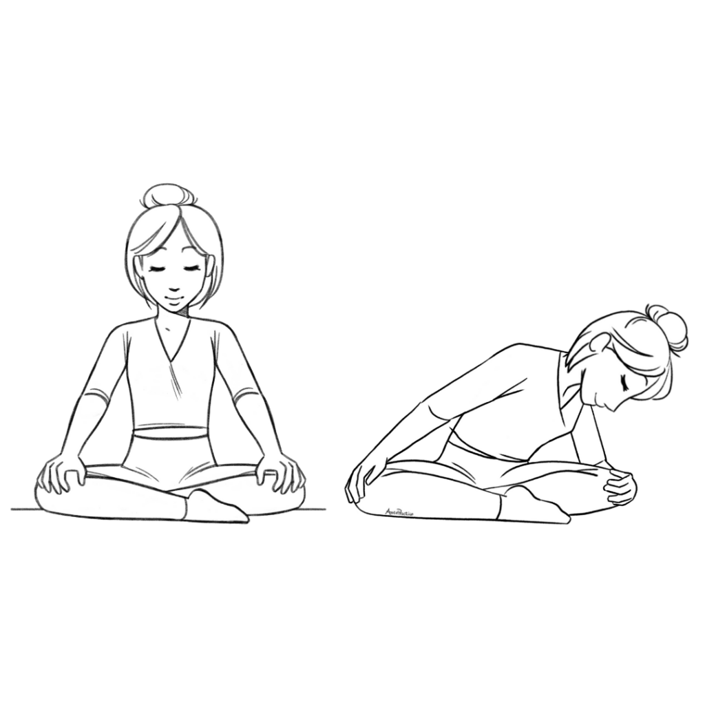 Illustration of Helen sitting in easy pose doing the Side forward folds