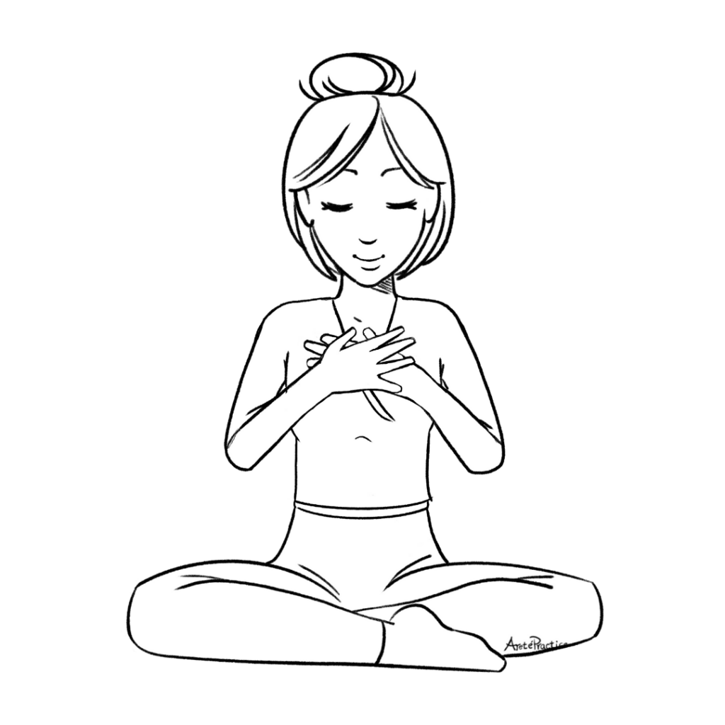 Illustration of Helen sitting in easy pose with hands on heart and mouth closed