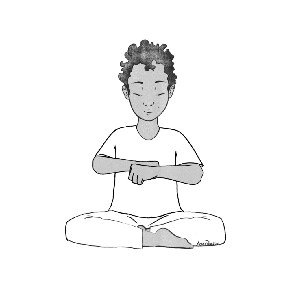 Illustration of Jerry sitting in easy pose doing hands in fist going around in circle at heart level