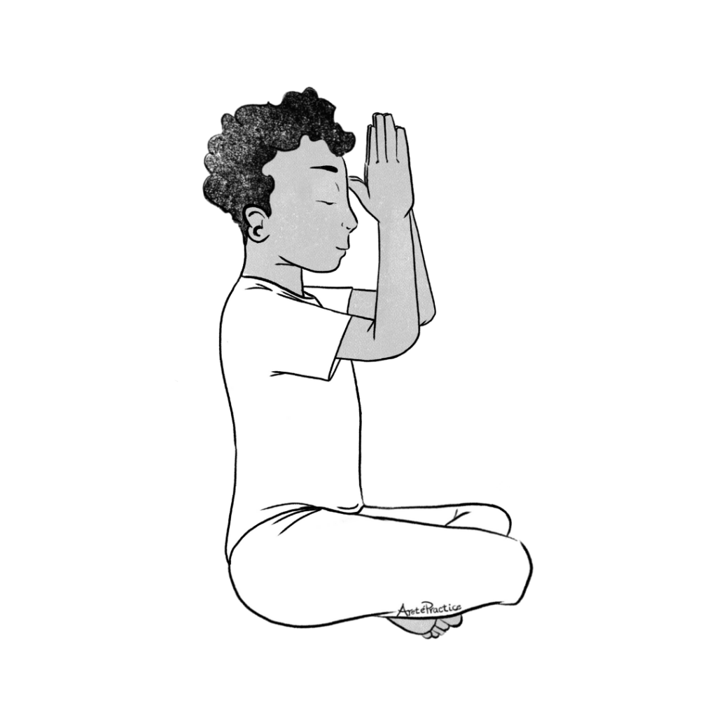 Illustration of Jerry sitting in easy pose doing prayer mudra, hands by head thumbs touching bridge of nose